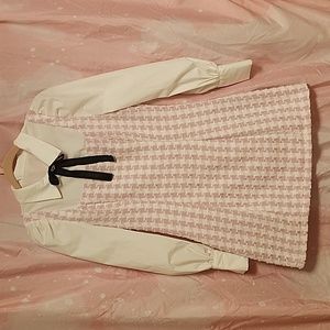 Plaid 2 in 1 Bow Front Bishop Sleeve Tweed Dress (Color : Pink, Size : Small)